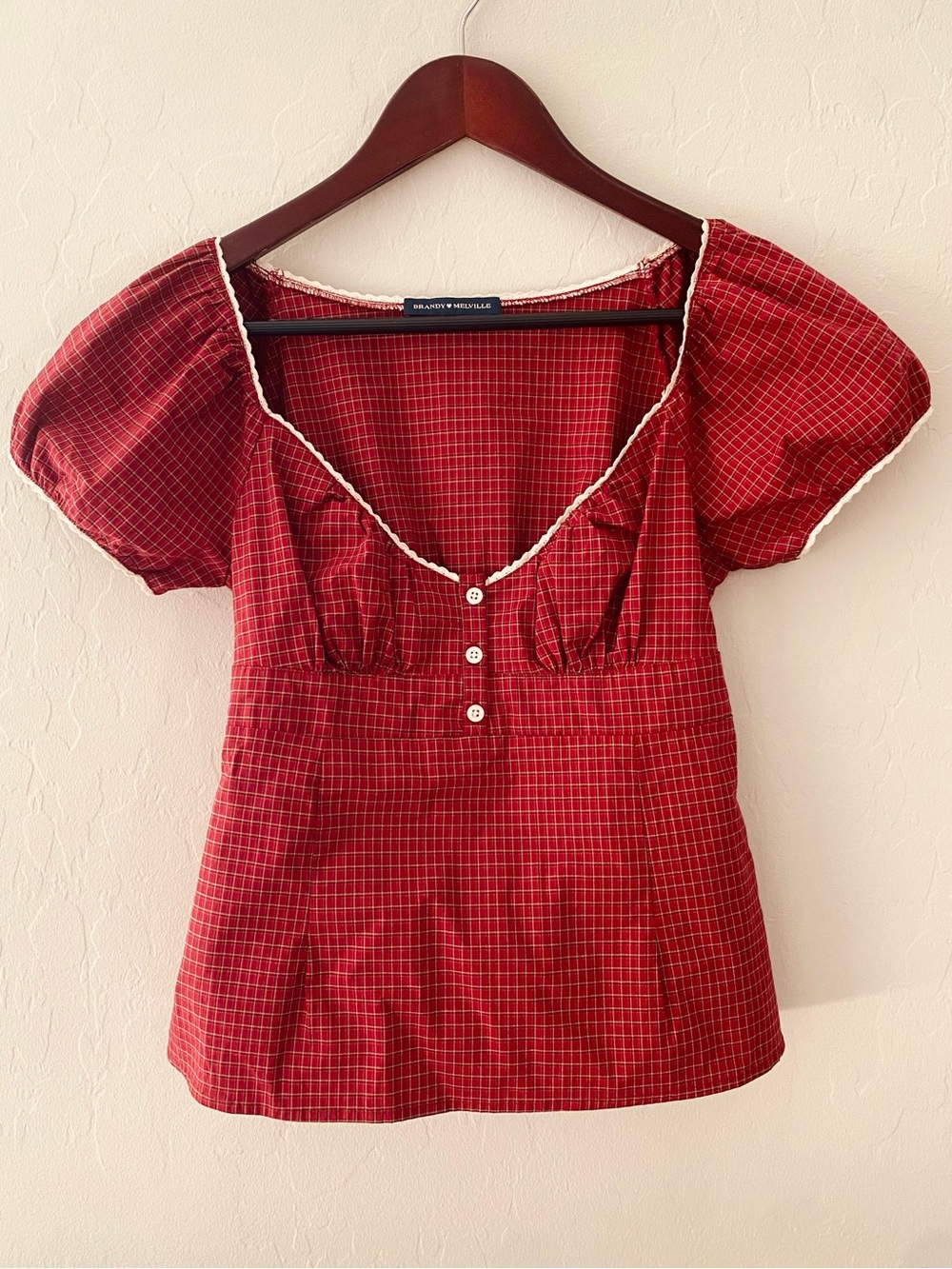 Brandy Melville Red Plaid Lace Trim Puff Sleeve Peplum Top One Size Cottagecore
